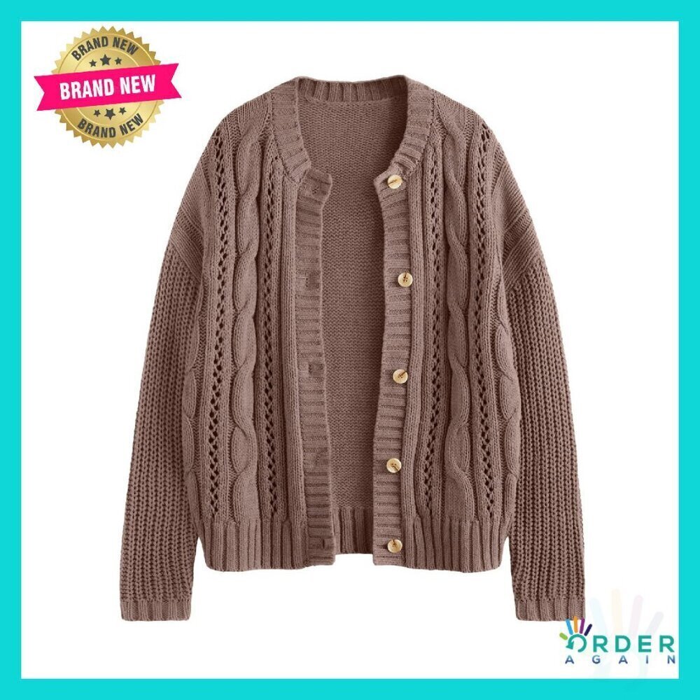 Cable Knit Cardigan Chunky Oversized Button Up Crochet Cotton Sweater